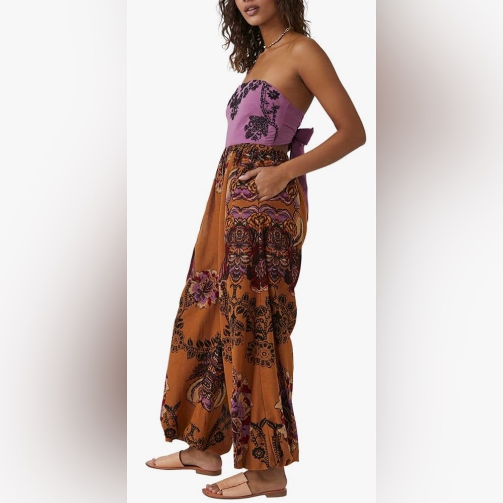 #624 Free People Indigo Sun Jumpsuit in Gold Combo size Large - Picture 4 of 9